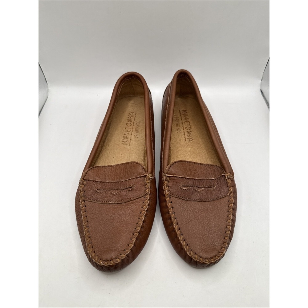Minnetonka Brown Pebble Leather Slip On Loafer Driving Moc Shoe Women's Size 9